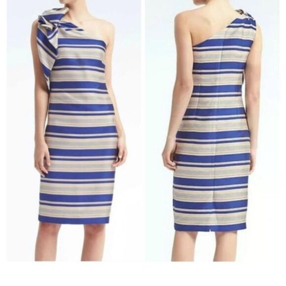 Banana Republic Cerulean Blue One Shoulder Bow Midi Dress New Size 2 - Picture 1 of 8